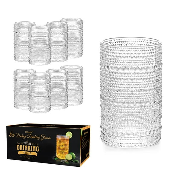Hobnail Drinking Glasses Set of 8 - 12oz Vintage Beaded Highball Glasses, Clear Retro Kitchen Glasses Cups, Heavy Glassware Tumbler for Cocktail Beverage Water Rocks