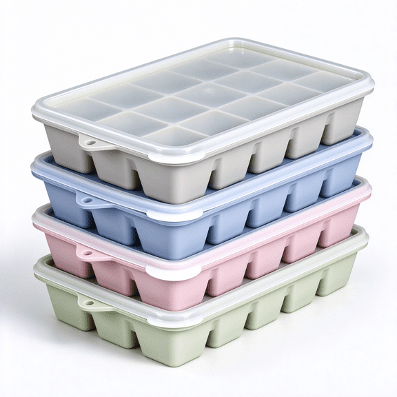 Ice Cube Trays with Lids 4 Pack, Easy Release Silicone Ice Cube Molds with Removable Lid, Stackable Freezer Ice Trays, for Drinks, Coffee, Whiskey, BPA Free