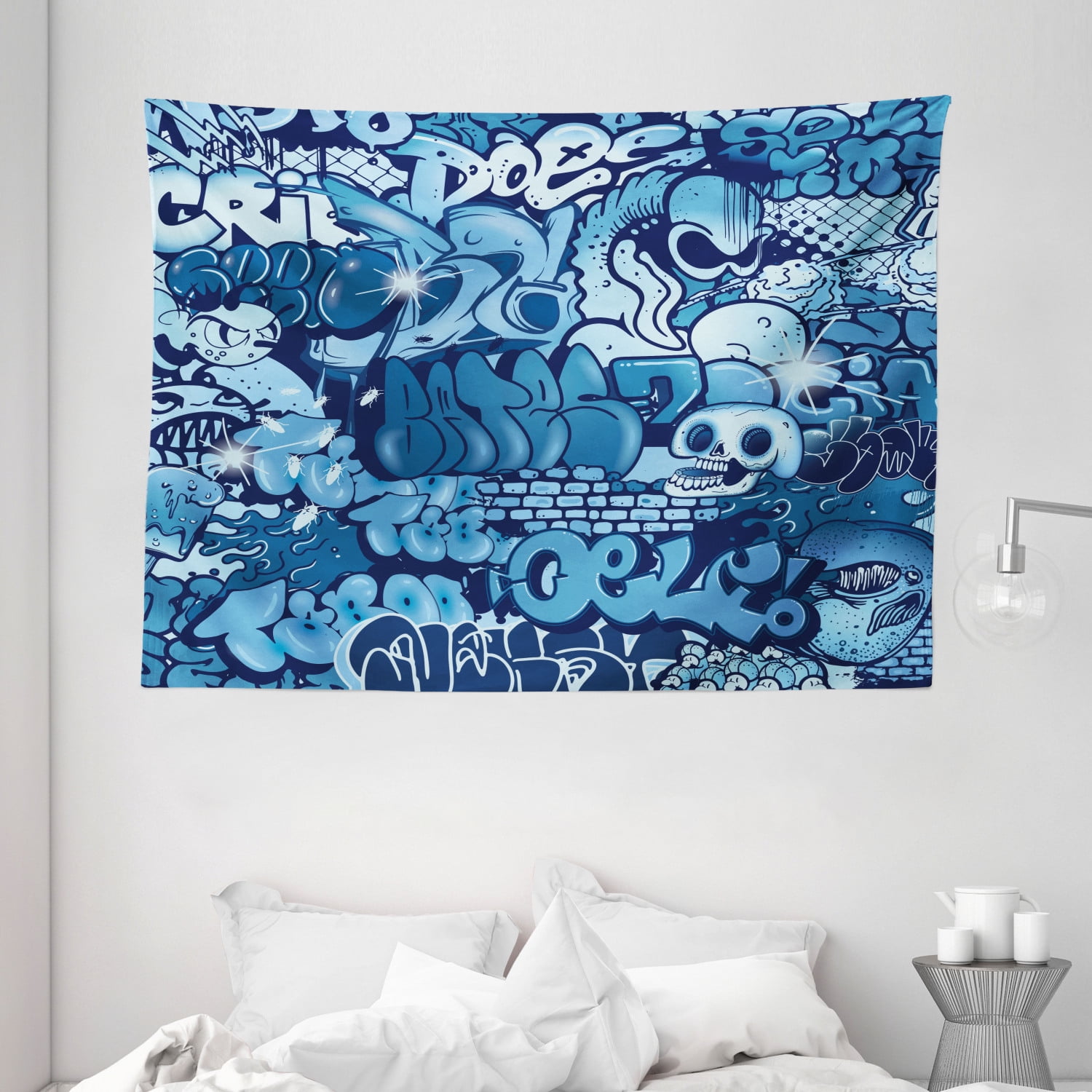 Urban Graffiti Tapestry, Xenomorph Alien and Skull on Aquatic Shaded