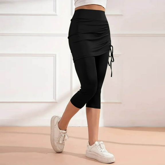 Simua Women's 2 in 1 High Waisted Drawstring Side Ruched Skirted Leggings Slim Fit Workout Yoga Pants