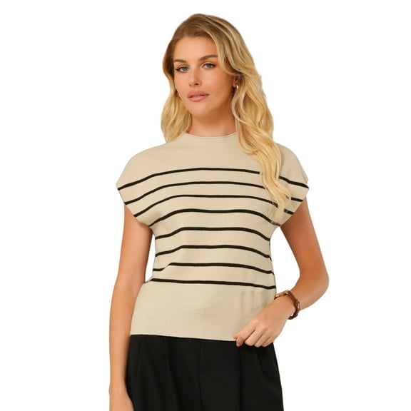 DARING DIVA Cap Sleeve Sweater Vest Mock Neck Ribbed Knit Pullover Top S Beige