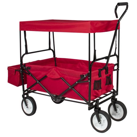 Best Choice Products Folding Utility Cargo Wagon Cart for Beach, Camping, Groceries w/ Removable Canopy, Cup Holders - (Best Beach Wagon For Sand)