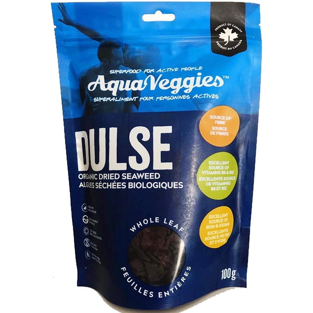 Aqua Veggies Flocons de Dulse Atlantique Bio Grande Baie de Fundy Séchée au Soleil, Récoltée à la Main, Excellente Source de Vitamines B6, B12, Fer, Iode, Protéines, Calcium et Fibres (Feuille Entière de Dulse, 100 Grammes)