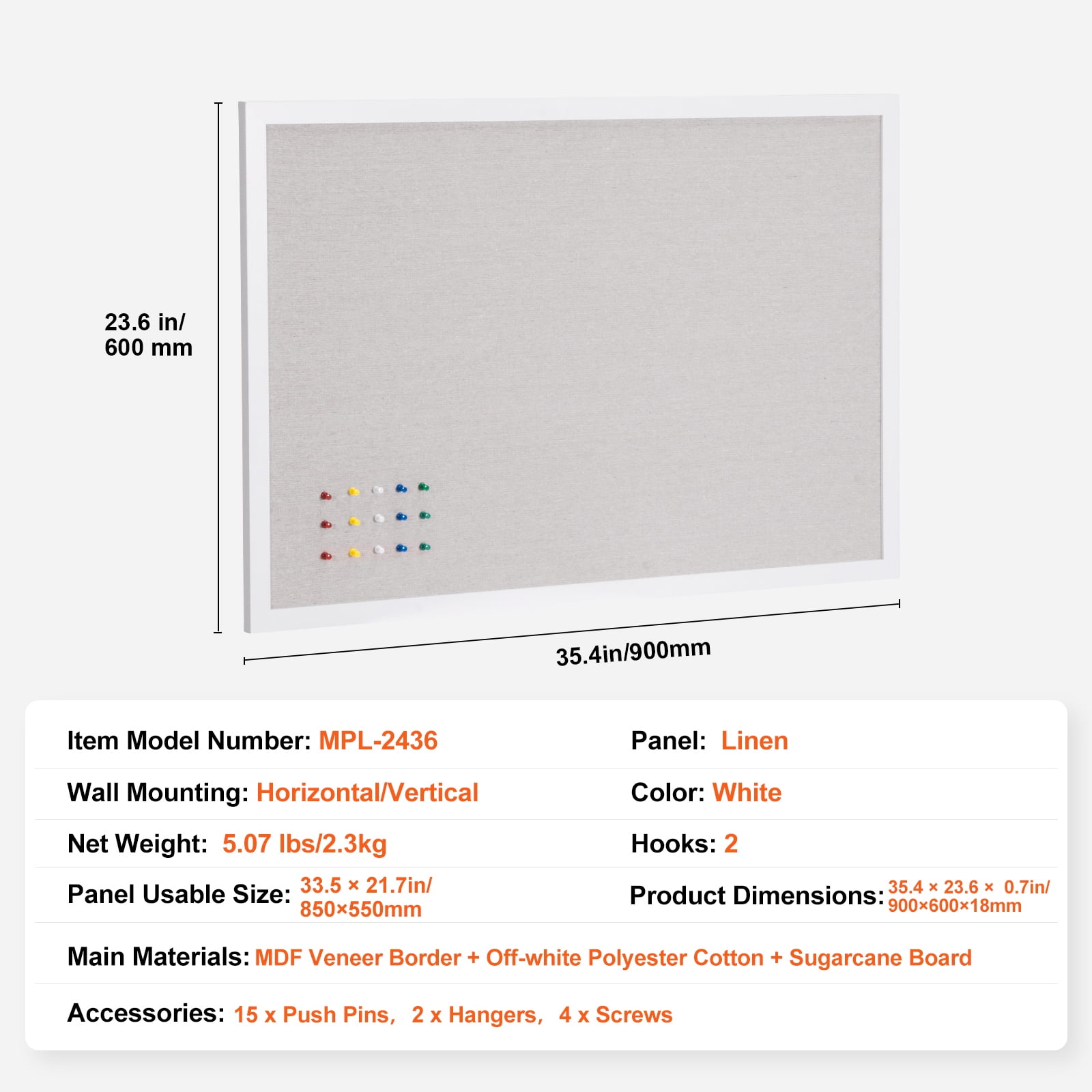 SKYSHALO 36"x24" Linen-Covered White Corkboard – Wall-Mountable Display Board for Home, School, Office – Sleek & Practical Message Board
