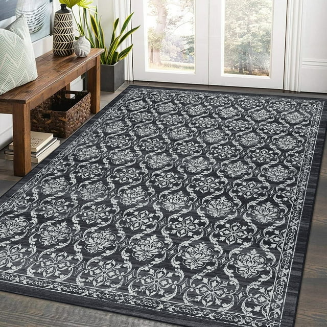 Modern Floral Washable Rug 5x7, Non-Slip Low Pile Boho Area Rug for Bedroom Living Room