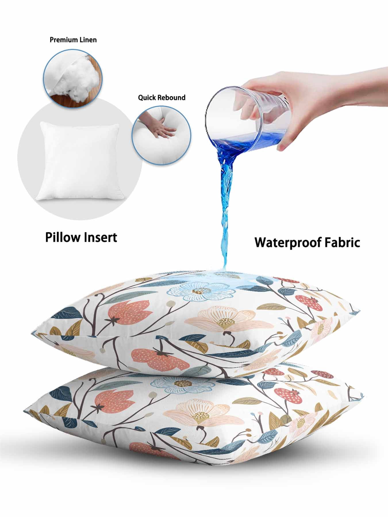 Outdoor Pillows Waterproof, Pastoral Botanical Bedding Throw Pillows with Insert for Couch Sofa Bed, Spring Summer Floral Farmhouse 16x16 Inch Pillowcases Decorative Camping Patio Pillow Set of 1