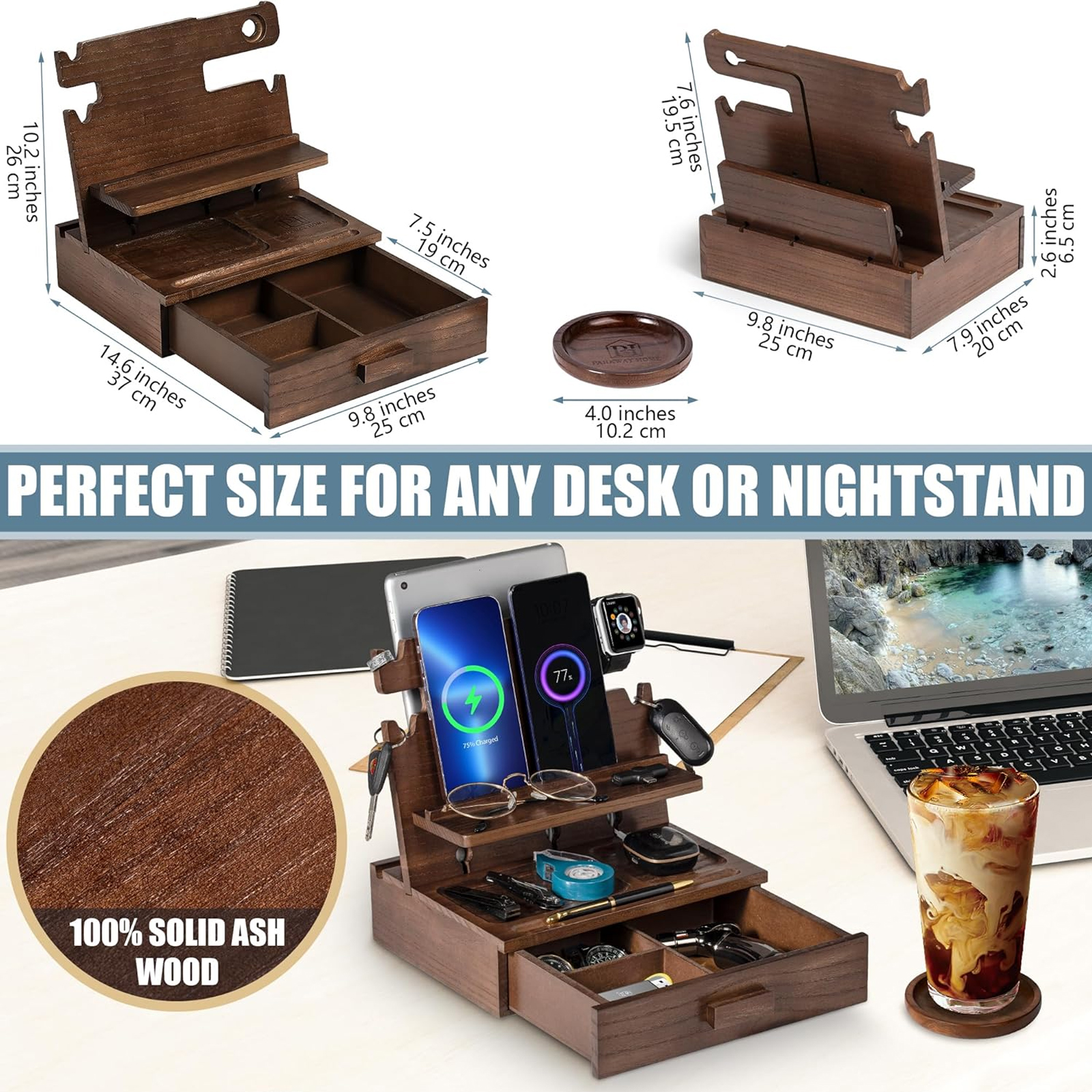 Petyoung Wood Phone Docking Station for up to 3 Phones - Nightstand Organizer with Drawer, Coaster, Compatible with Tablets, Glasses, Watches & EDC
