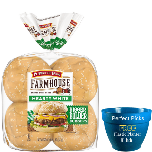 Pepperidge Farm Farmhouse Hearty White Hamburger Buns, 8-Pack Bag, ‌Includes 1 Plastic Planter