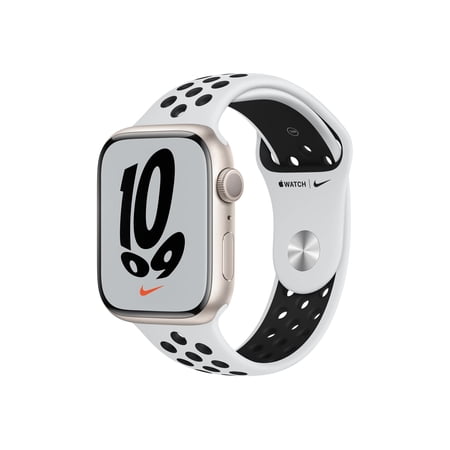 Apple Watch Nike Series 7 (GPS) - 45 mm - starlight aluminum - smart watch with Nike sport band - fluoroelastomer - pure platinum/black - band size: S/M/L - 32 GB - Wi-Fi, Bluetooth - 1.37 oz