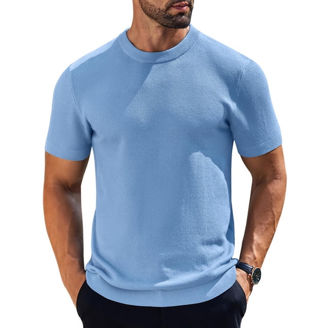 Camiseta COOFANDY de punto casual de manga corta para hombre, azul claro