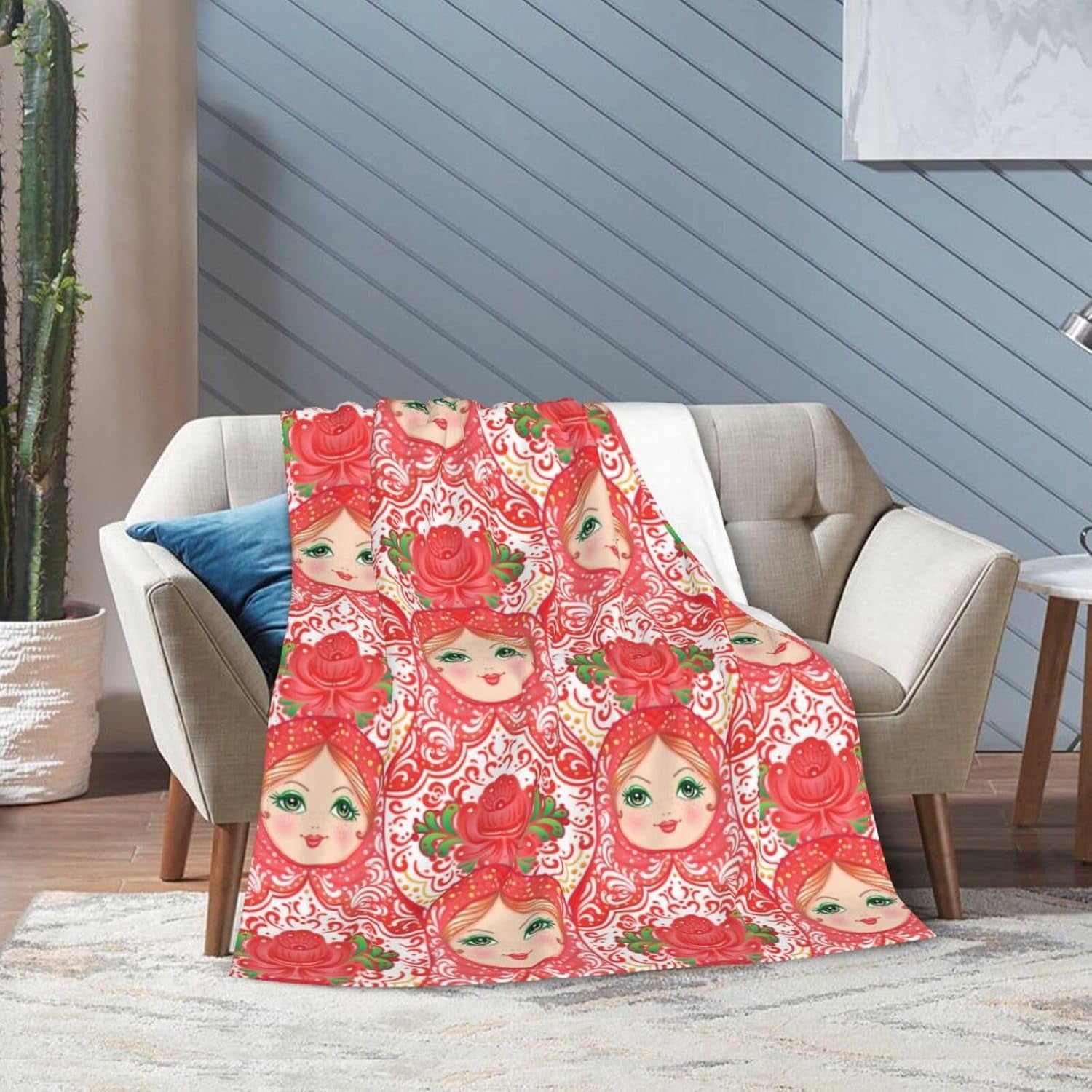 Traditional Russian Nesting Doll with Flowers Bed Blanket Ultra Soft Throw Blanket All Season Warm Light Weight Cozy Plush Blankets for Home Bedroom Sofa Chair Travel, 60"X80"