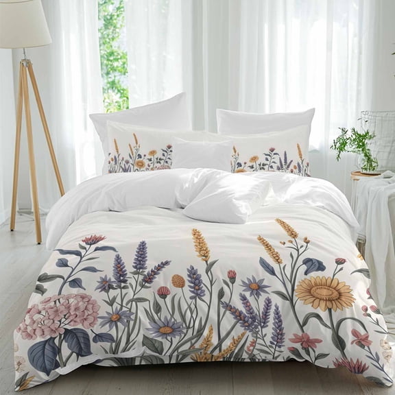 Spring Flowers Queen Size Comforter Set, Sunflower Wheat Ears Daisy Retro Bedding for All Seasons, 4 Pcs Bed Set, 1Quiltcover (90"x92") ,1Sheet(94"x116"), 2Pillowcases (30"x20")