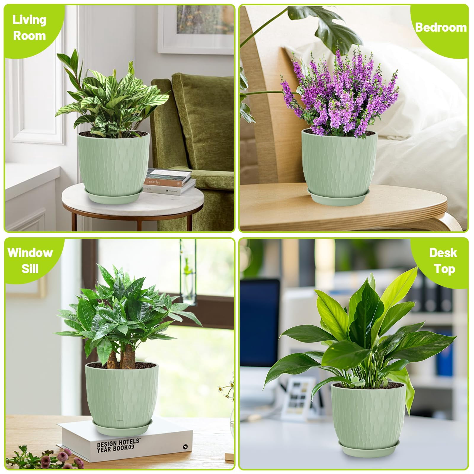 Plastic Plant Pots 10/9/8/7.5/7 inch Set of 5, Flower Planters with Drainage Holes and Saucers, Plastic Pots for Indoor Outdoor Plants(Green)