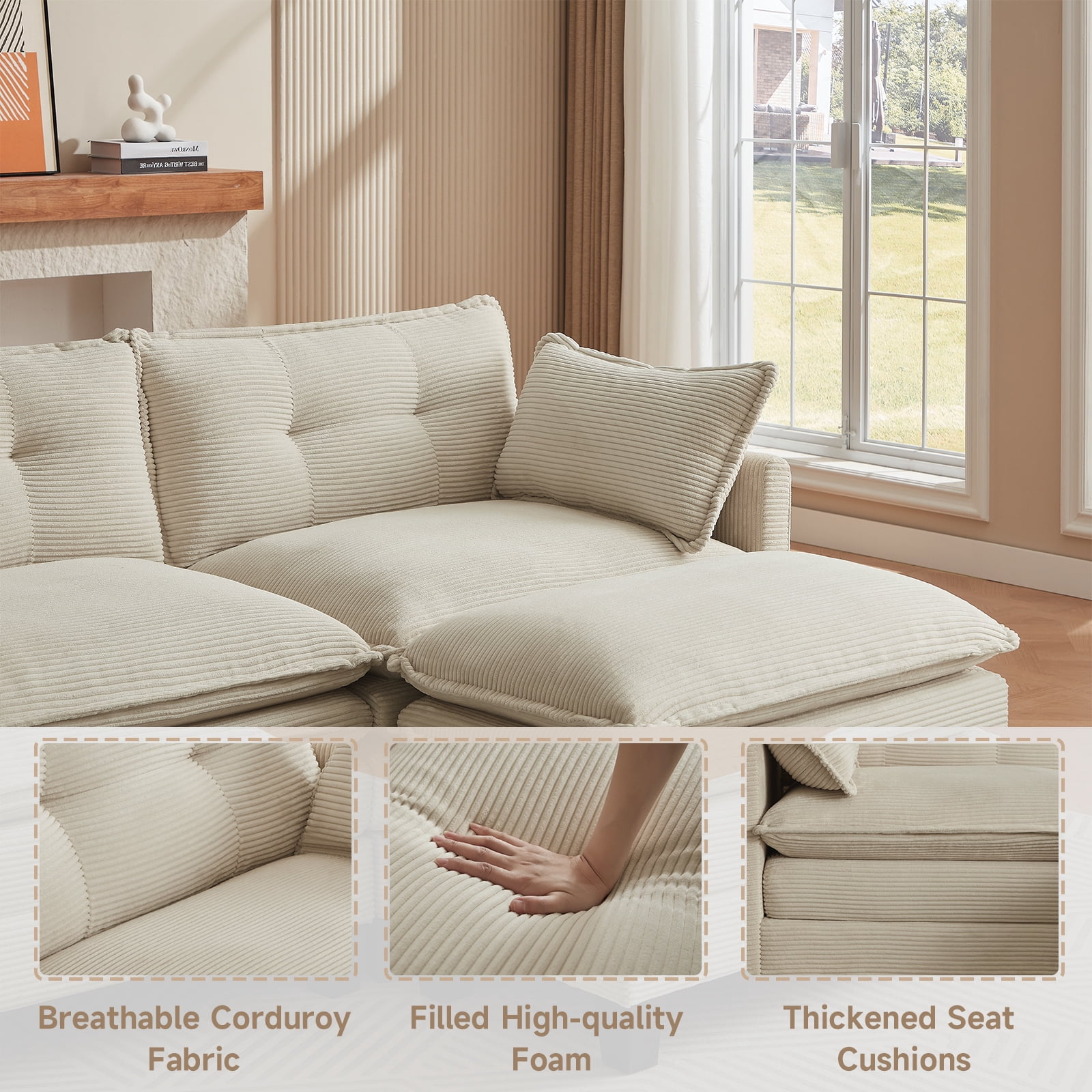 Amsleekey 111.5" Modular Sectional Sofa with 2 Movable Ottomans, U-Shaped Corduroy Cloud Couch for Living Room, Super Comfy 3-Seat Daybed Bed, Beige
