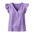 thumbnail image 4 of Only Moment Summer Tops V Neck Summer Business Casual Tank with Ruffled Cuffs 60%Cotton，40%Linen Scoop Neck Ribbed Knit Basic Fitted Cami Shirts Purple,XXL, 4 of 6