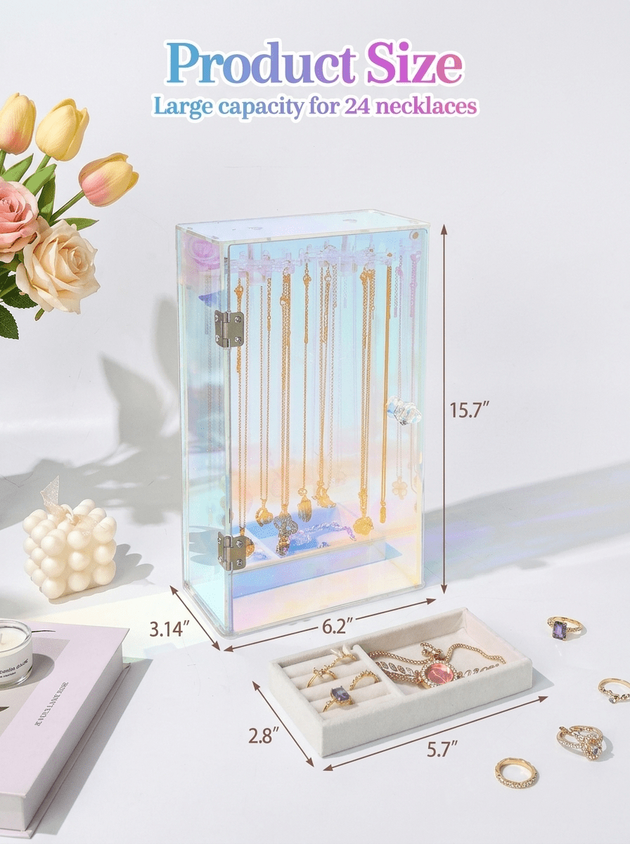 Cirhy Iridescent Acrylic Necklace Holder with Velvet Tray, 24 Rotatable Hooks Jewelry Organizer Box, Dustproof Rainbow Necklace Storage for Necklaces, Earrings, Rings, Bracelets