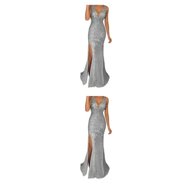 Vestido de noche Minnieouse Traje de fiesta Hombro Sirena Brillo Fino lavable Plata L 2piezas