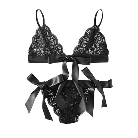 

OVTICZA Women s Teddy Lingerie Sexy Lace Bra and Panty Sets Babydoll Bow Lingerie Set Black L