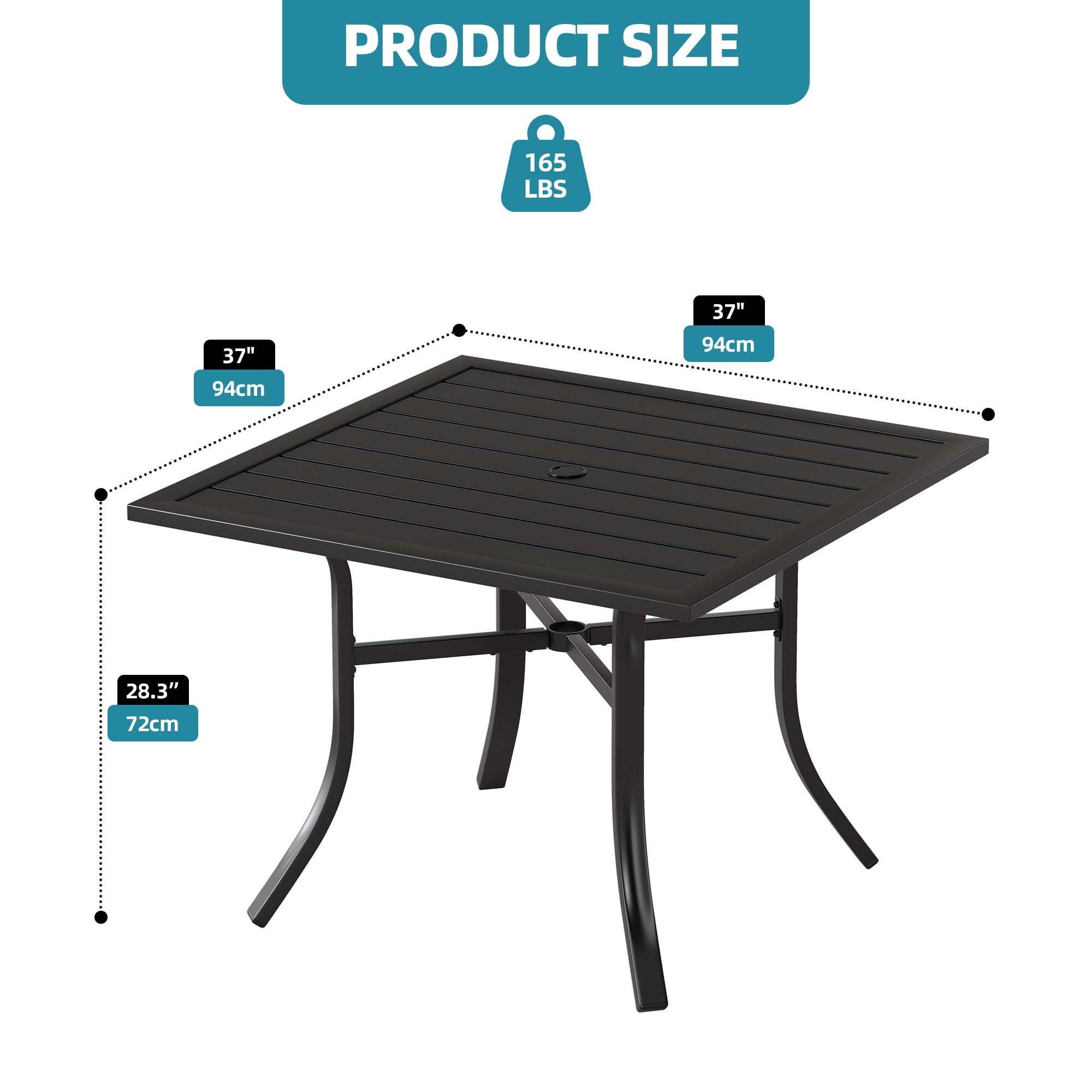 Uforic Square Metal Outdoor Dining Table 37 Inch, E-Coating Patio Table with Umbrella Hole for Backyard, Garden and Lawn, Black