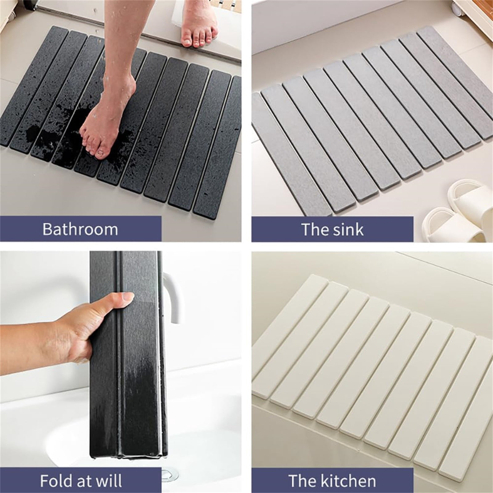 Foldable Stone Bath Mat 30x40cm | Quick-Dry Diatomaceous Earth Bath Rug with PVC Anti-Slip Base | Bathroom, Kitchen, Pet-Friendly Water Absorbent Mat,B