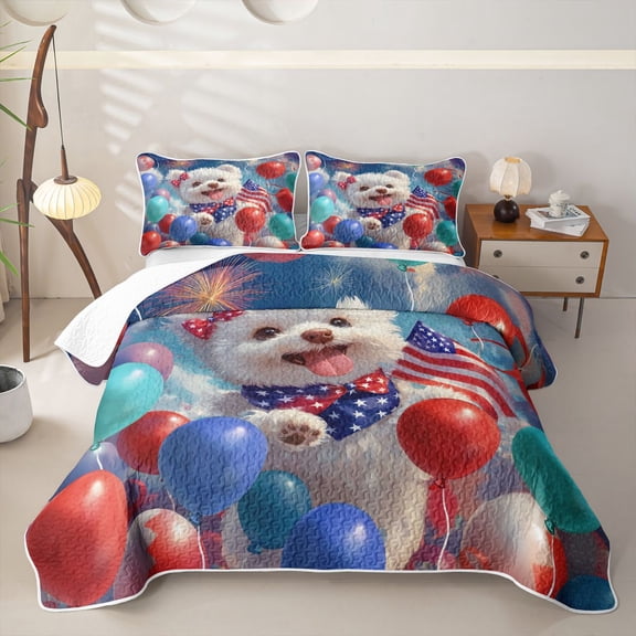 Homewish Pomeranian Dog Twin Quilt Set,4Th Of July Twin Coverlet Set,White,Balloon Decor,2pcs
