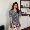 thumbnail image 1 of Novedad de verano, ropa de dormir para mujer, pantalones cortos de manga corta, conjunto de dos piezas a cuadros, ropa bonita para el hogar, cárdigan de estilo coreano, 1 of 5