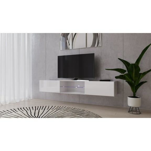 VIGO glass TV Stand White floating tv stand for up to 80" Tv's size with LED