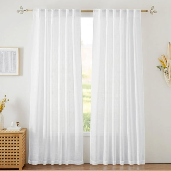 RYB HOME Sheer Curtains White - Linen Texture Wave Fabric Vertical Window Shades for Sliding Glass Door Balcony Terrace Sun Room Beach Pool House, 52 x 90 inches, 1 Pair