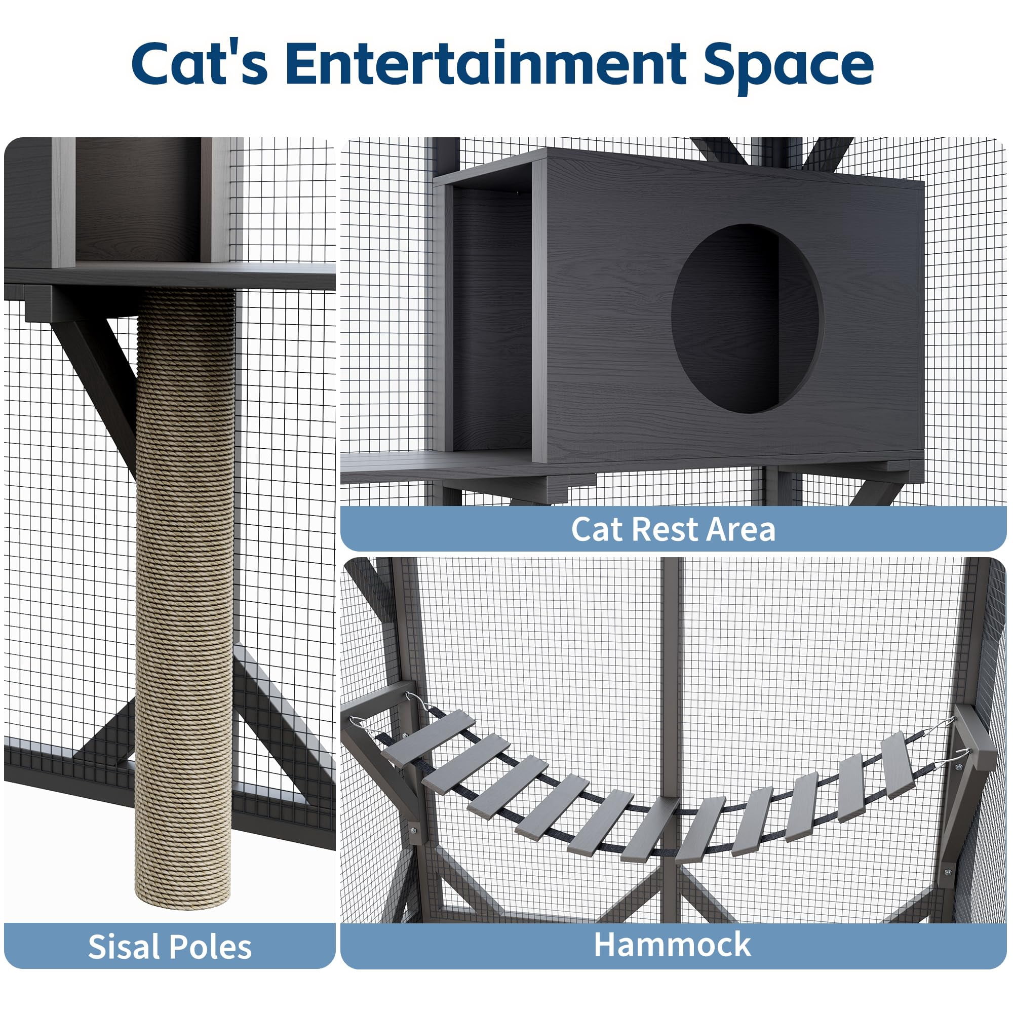 Accreate 70 Inch Large Wood Catio Outdoor Cat Enclosure with Waterproof Roof, Walk-in Cat House with Asphalt Roof, Scratch Post & Bridge for Cats, Patio Enclosure in Dark Grey