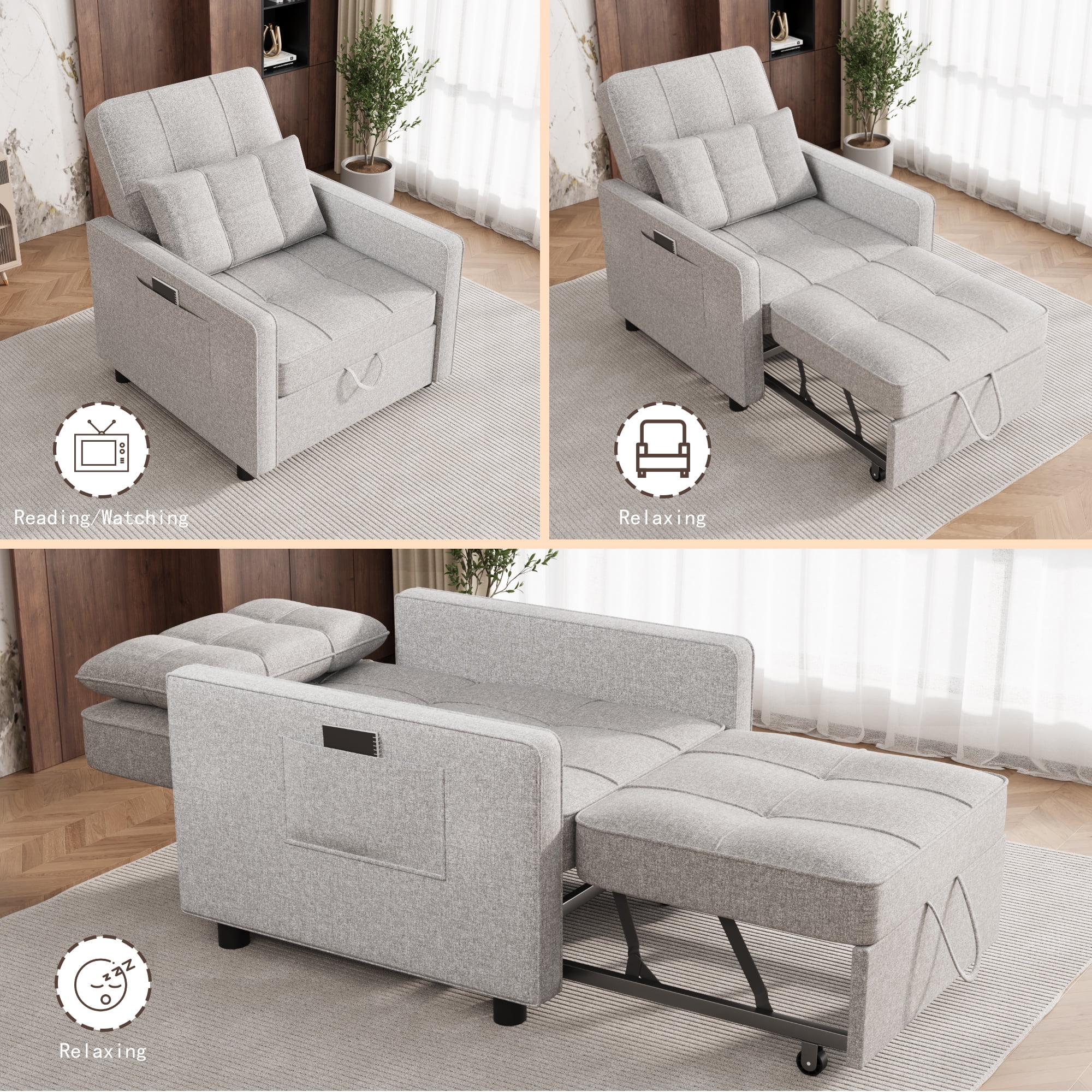 Homall Sleeper Sofa Chair Bed 3 in 1 Convertible Bed Chair Adjustable Sleeper Chair Pullout Sofa Bed,Grey