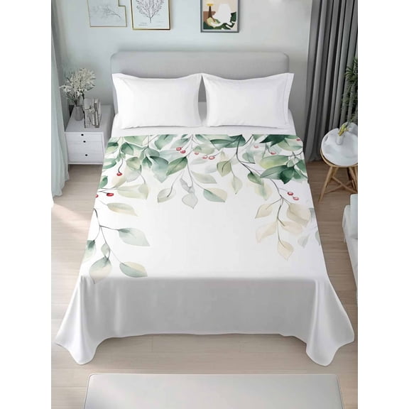 Twin Size Flat Sheet Only, Eucalyptus Leaves Soft Brushed Microfiber Bed Sheets, Spring Botanical Pastoral Watercolor Hotel Quality Breathable Bedding Top Sheet, Easy Care, 66"x96"