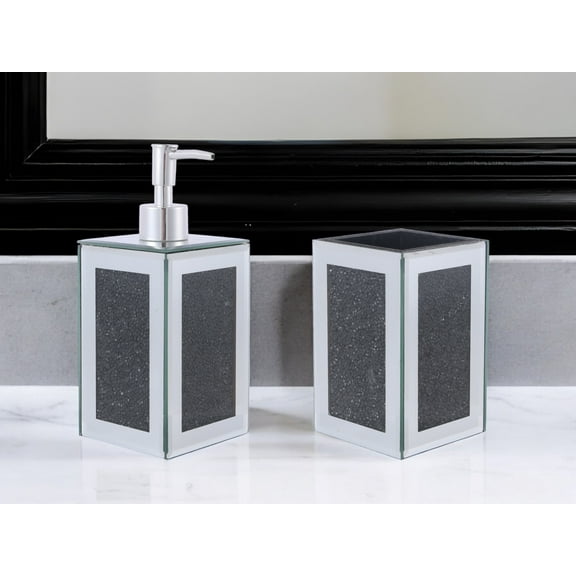 Two Piece Black Mirrored Glass Bling Bathroom Accessory Set