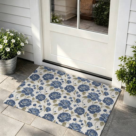 Door Mat 16x24in Retro Blue Flowers Absorbent Non-Slip Washable Doormat Watercolor Floral Leaves Dirt Trapping Low Profile Entryway Rug, Indoor Outdoor Welcome Mat for Home Entrance