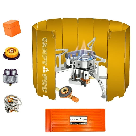 CAMPY PRO 6800 W Portable Gas Stove with Orange 12-Plate Windscreen, Portable Gas Burner, Piezo Ignition, Includes Butane, Isobutane & Propane Adapters for Backpacking, Hiking, Camping Stove