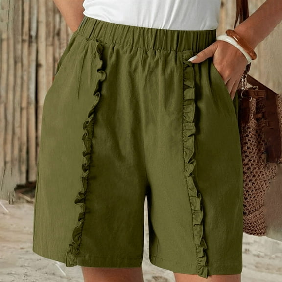 Juslio Women's Shorts Ruffle Casual Pockets Loose Comfy Cotton Linen Solid Shorts Women