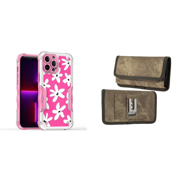 Case and Pouch Bundle for iPhone 14: Heavy Duty Armor Rugged Case (White Flowers on Pink) and Rugged Denim Nylon Belt Holster (Tan Brown)
