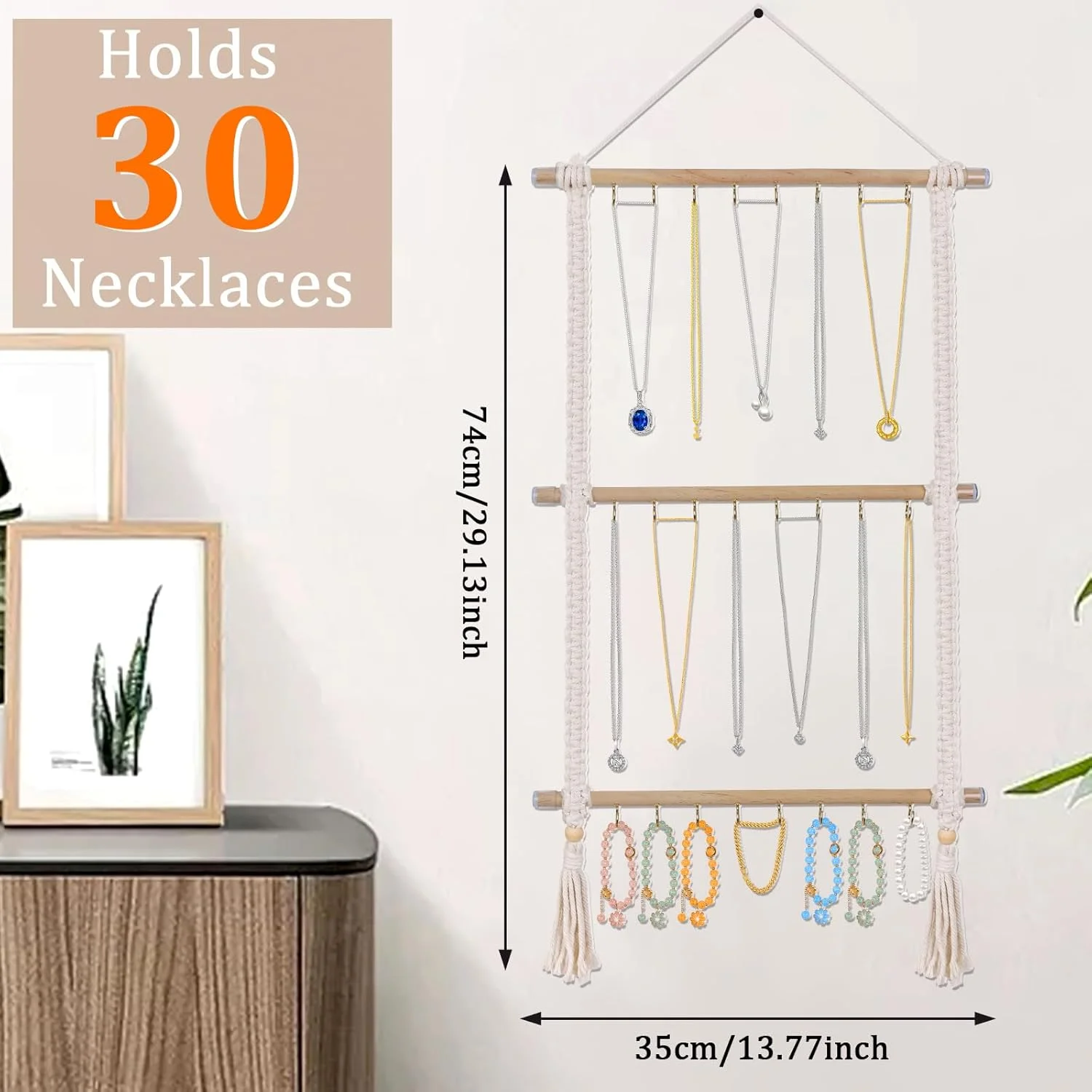 Hanging Jewelry Organizer, Macrame Necklace Holder with 30 Hooks, Wall Mounted Necklace Rack with Tassel for Girls Bracelet Earrings Headband Bow Display (Macrame) Macrame Macrame Macrame