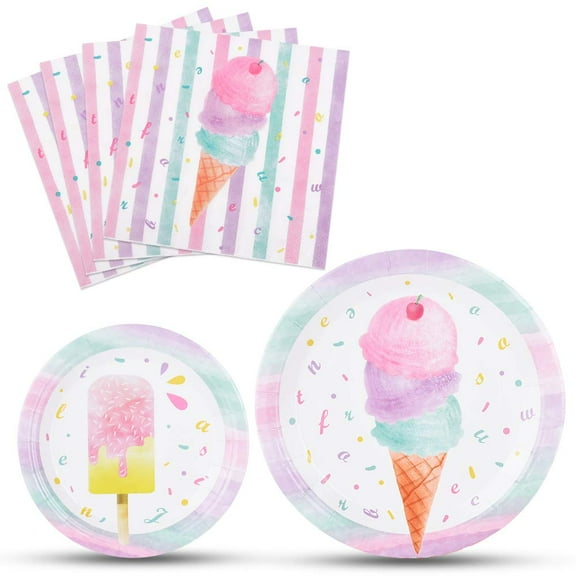 WERNNSAI Ice Cream Plates and Napkins KKS1 - Ice Cream and Popsicle Theme Party Supplies for Girls Birthday Disposable Tableware Dessert Plates Luncheon Napkins Serves 16 Guests 48PCS
