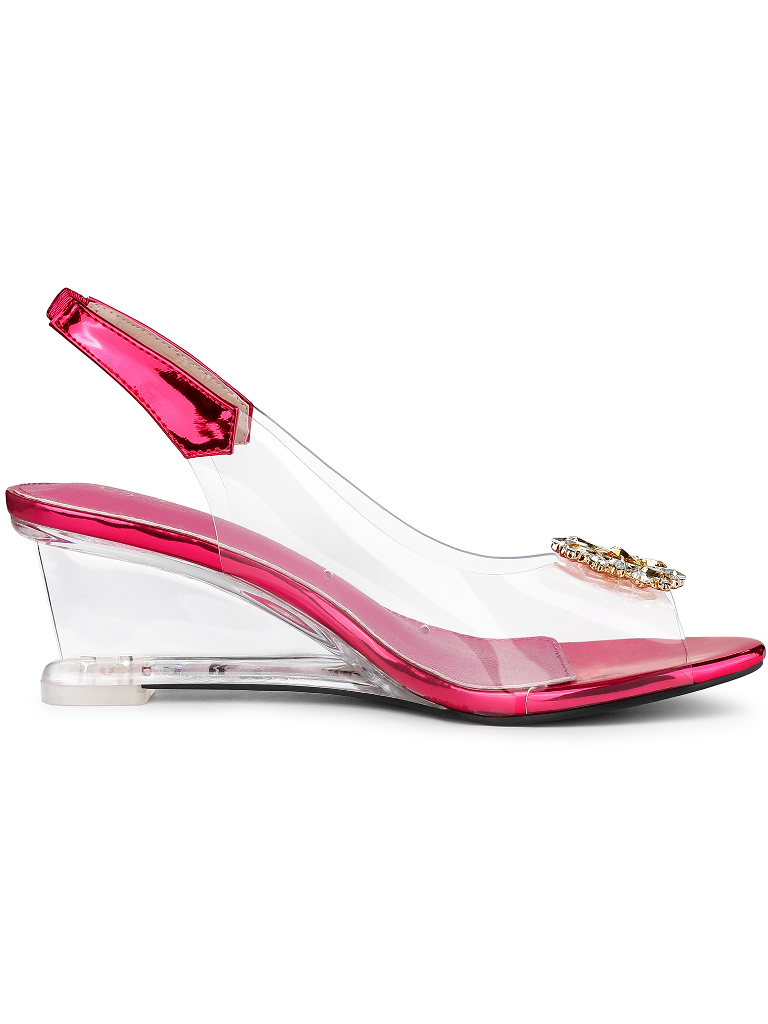 DARING DIVA Women's Clear Slingback Wedges Rhinestone Peep Toe Heels Hot Pink 8