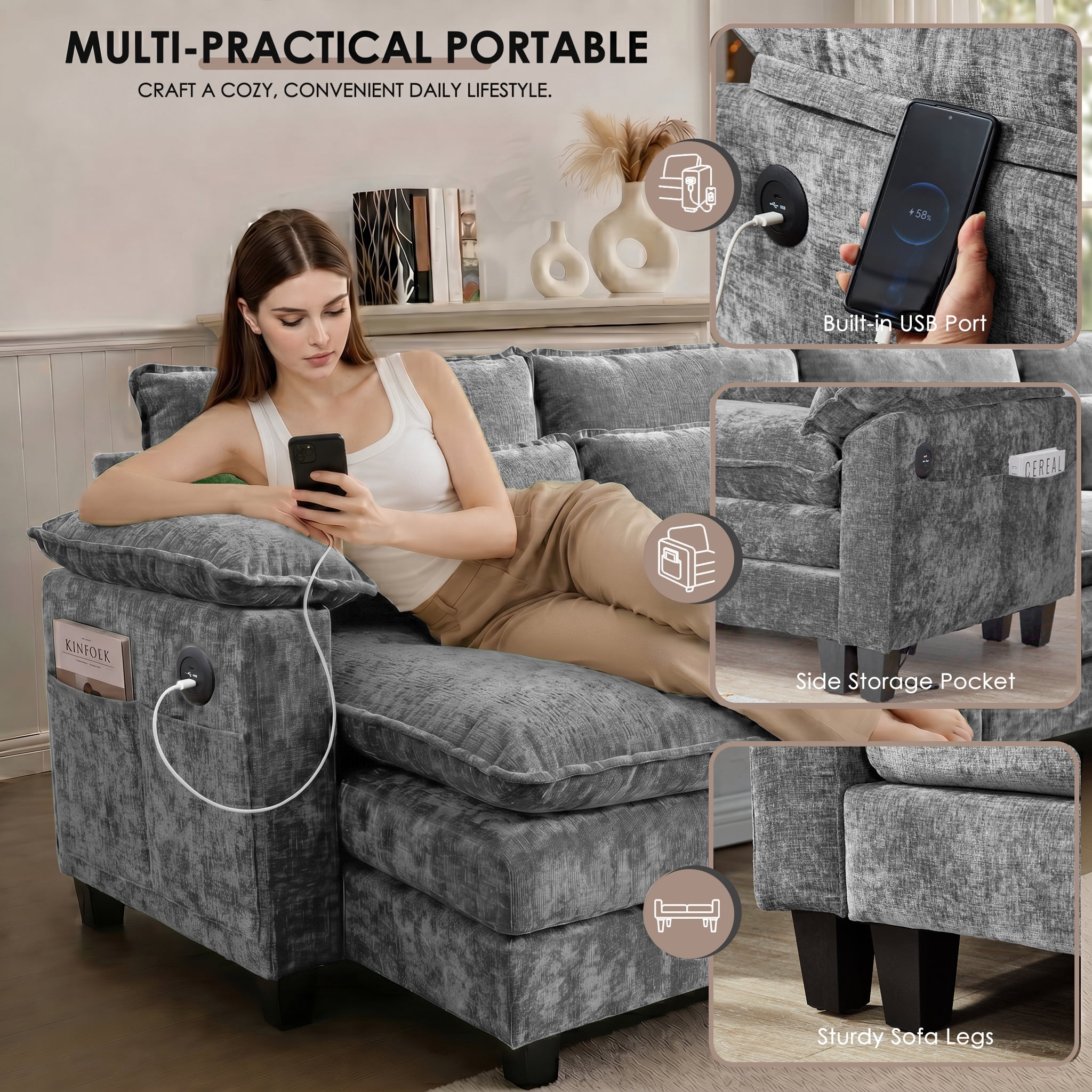 AISWORD 157" U Shaped Cloud Couch Sectional, Oversized Modular Sofa with USB Charging, Hidden Storage, Cup Holders & Double Chaise for Living Room, Gray