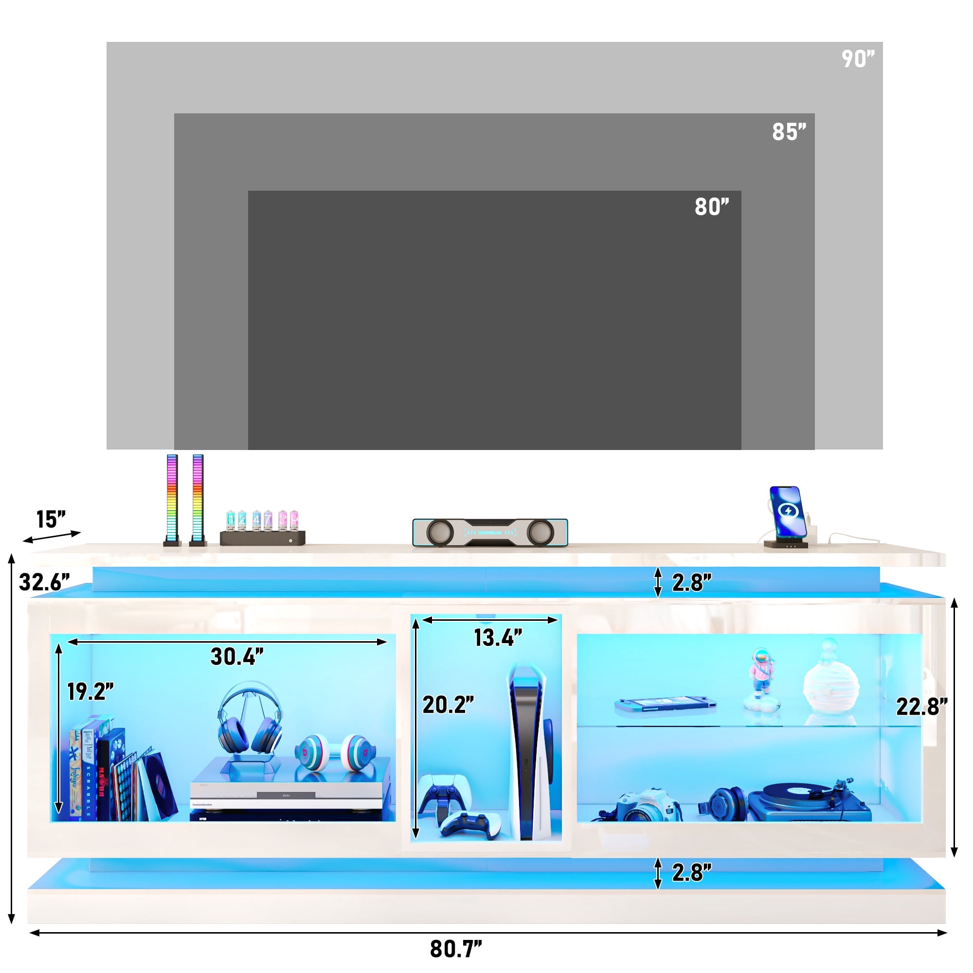 ChVans 80 Inch LED TV Stand with Charging Station,Modern Entertainment Center High Gloss Large TV Stand with Adjustable Shelves,Gaming TV Console for 80/85/90 Inch TVs,White