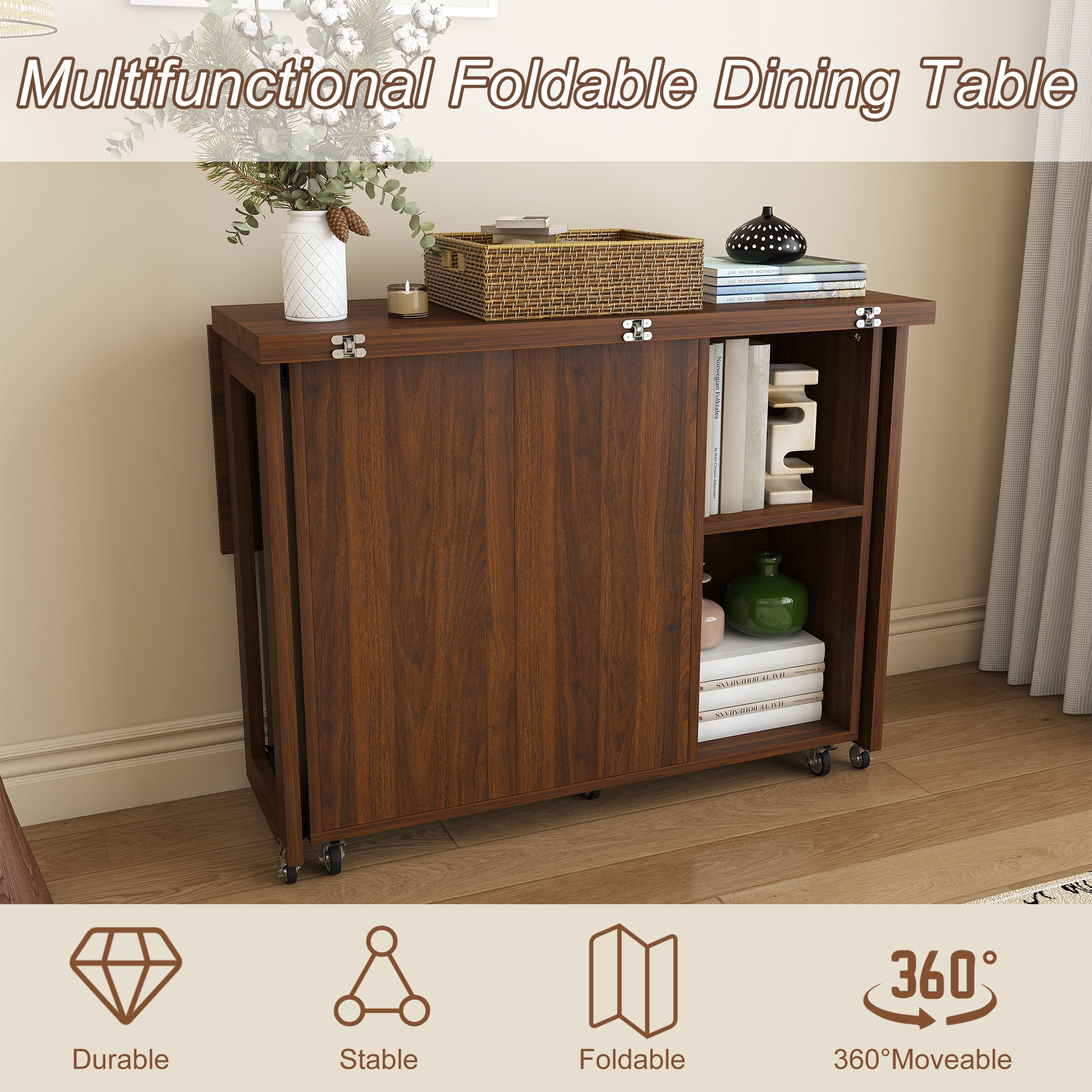 Mintazer 3‑in‑1 Folding Dining Table with 4 Large Storage Shelves & Storage Compartments, Multi‑Mode Convertible Table Cabinet with Lockable Wheels for Small Space Kitchen Apartment, Wlanut