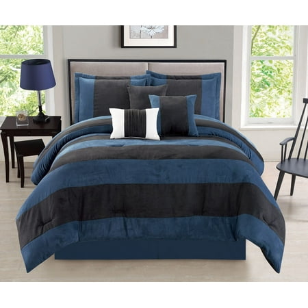 Luxurious Full Size 7-Piece Comforter Set Van Dam Micro Suede Soft Bed in a Bag Multi-Tone Navy &