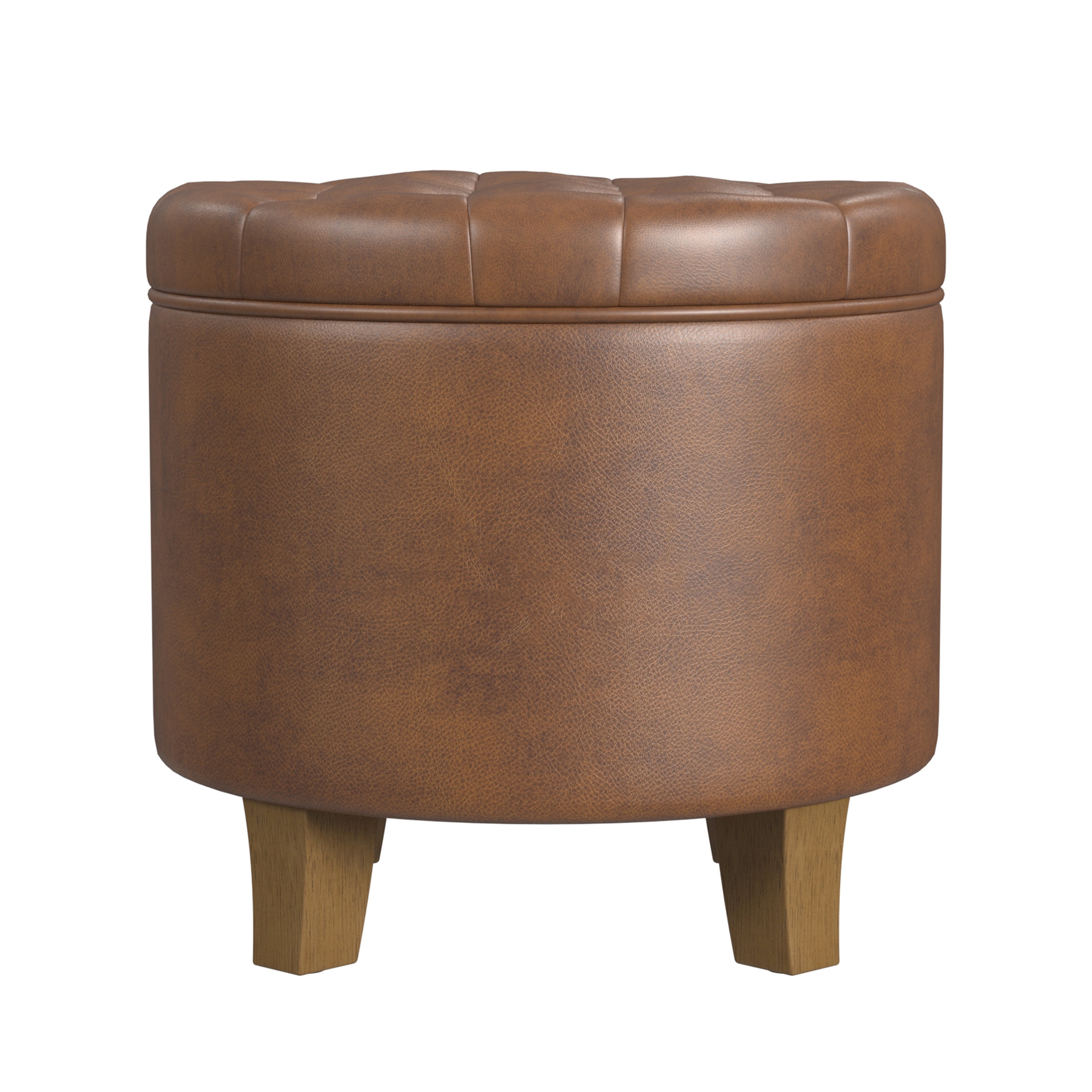 HomePop Small Round Button Tufted Storage Ottoman, Brown Faux Leather