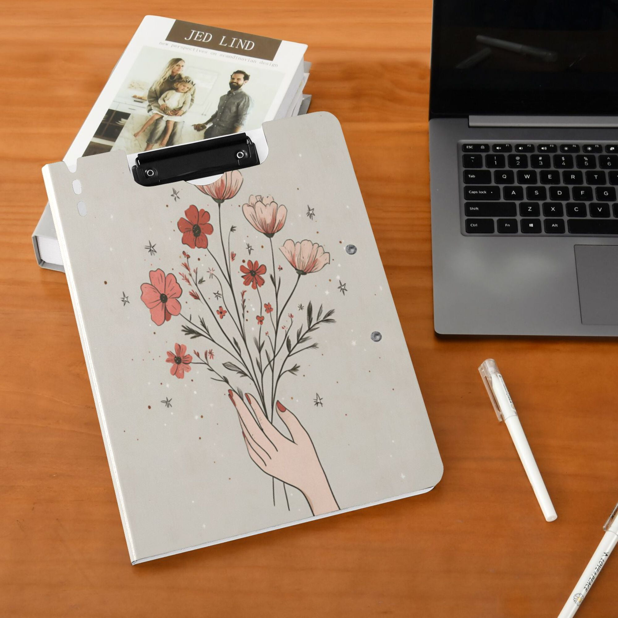 FORMRS A4 Clipboard Folder with Pen Holder Horizontal Foldable School Office Binder, Red Flower