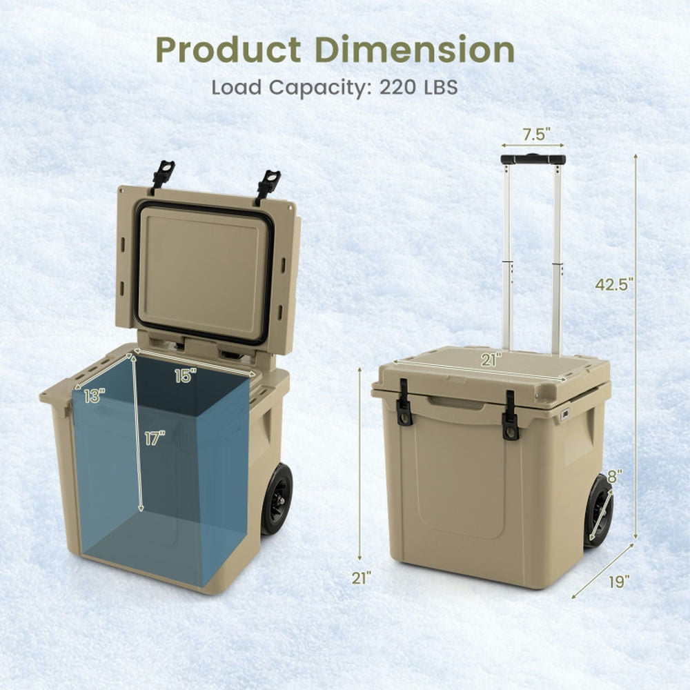 Spaco 45 Quart Cooler Towable Ice Chest, Multi-Use Cooler with 2 Portable Handles and Smooth-moving Wheels, Cooler with 4 Anti-Slip Pads for Indoor as Kitchen, Brown