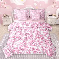 Manfei Paisley 7-Piece Bedding Comforter Set,Retrp Rustic Flower King Bedding Sets,Pink White Bed Sheets For Girl,Luxury Bedroom Decor Reversible