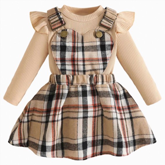 mgoYE Newborn Infant Baby Girl Dress Clothes 9 12 18 24m 3t Winter Outfits Top Romper Overalls Dresses Suspender Skirt Set for Girls(Beige,12-18 Months)