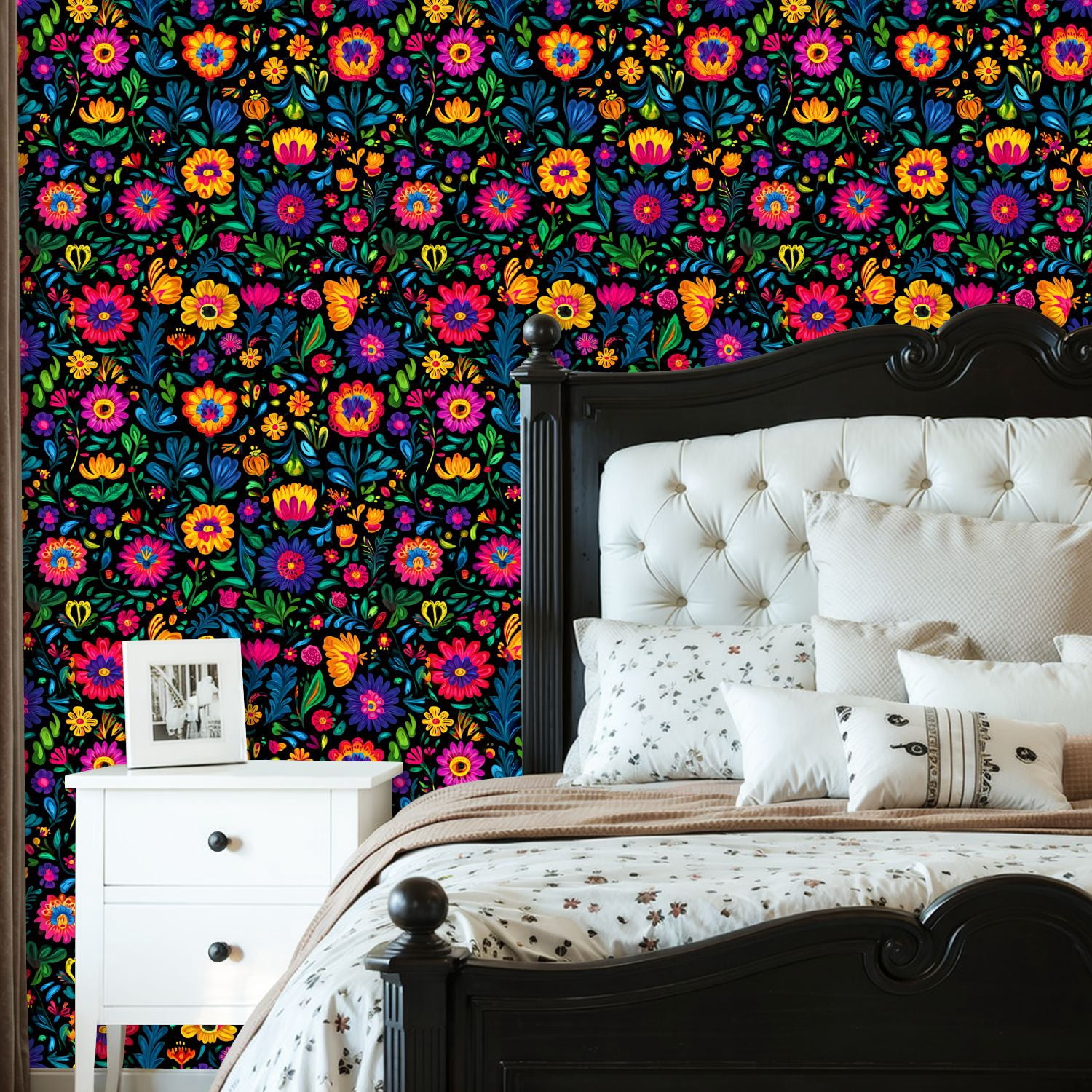 Mexican Peel and Stick Wallpaper Colorful Floral Vibrant Flowers Leaves Black Wall Mural 23.6in x 9.8ft Self Adhesive Removable Wall Paper Renter Friendly Wallpaper for Nursery Bedroom Cabinets