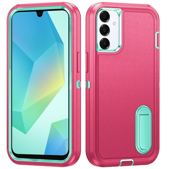 For Samsung Galaxy A16 5G Hybrid Three Layers Protection 3in1 Shockproof with Kickstand Heavy Duty Hard TPU Rubber Anti-Drop Cover, XPM Phone Case [Teal / Hot Pink]